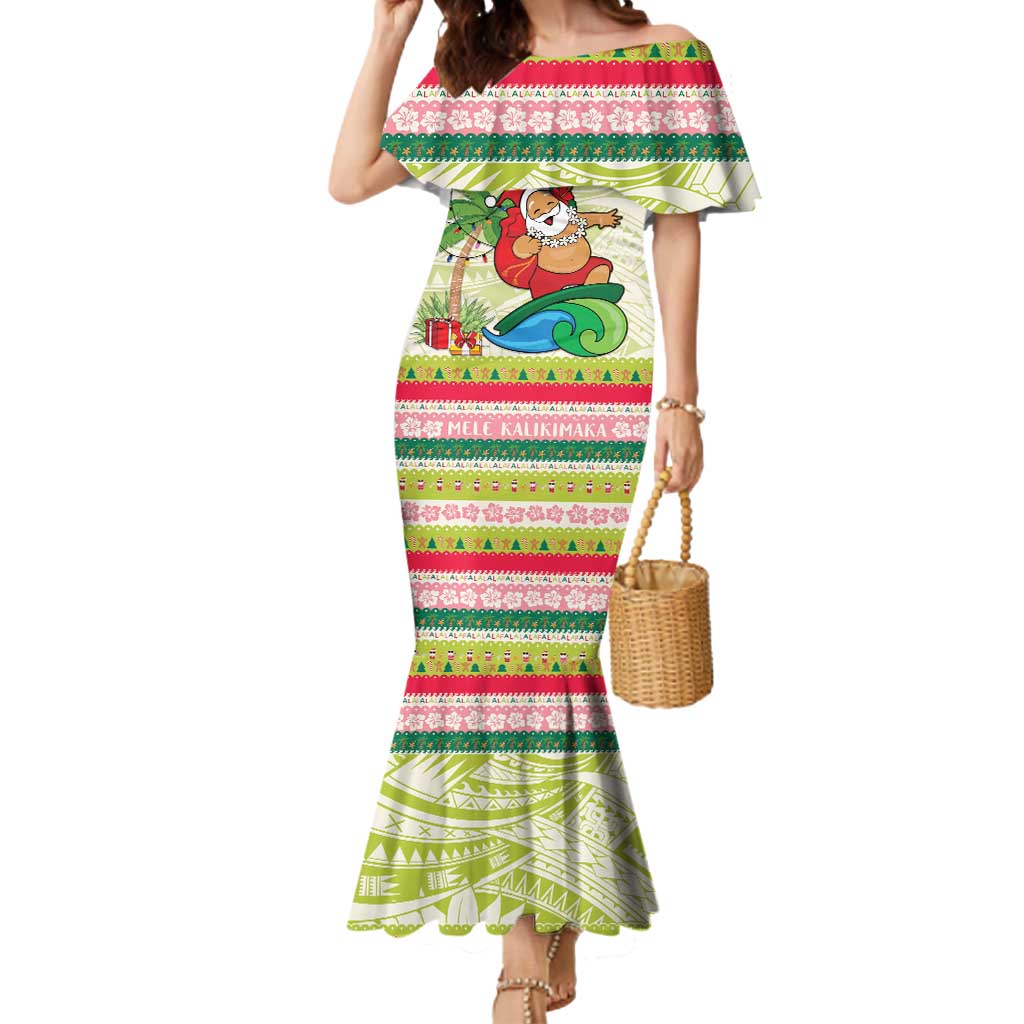 Mele Kalikimaka Hawaii Christmas Mermaid Dress Surfing Santa with Polynesian Tribal LT9 Women Green - Polynesian Pride