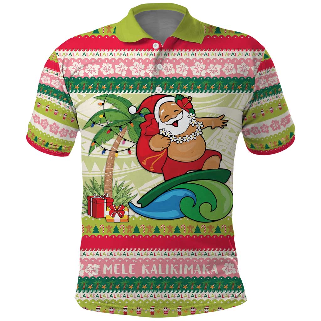 Mele Kalikimaka Hawaii Christmas Polo Shirt Surfing Santa with Polynesian Tribal LT9 Green - Polynesian Pride