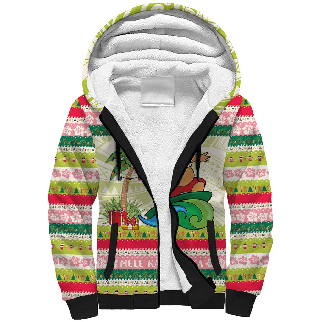 Mele Kalikimaka Hawaii Christmas Sherpa Hoodie Surfing Santa with Polynesian Tribal LT9 Unisex Green - Polynesian Pride