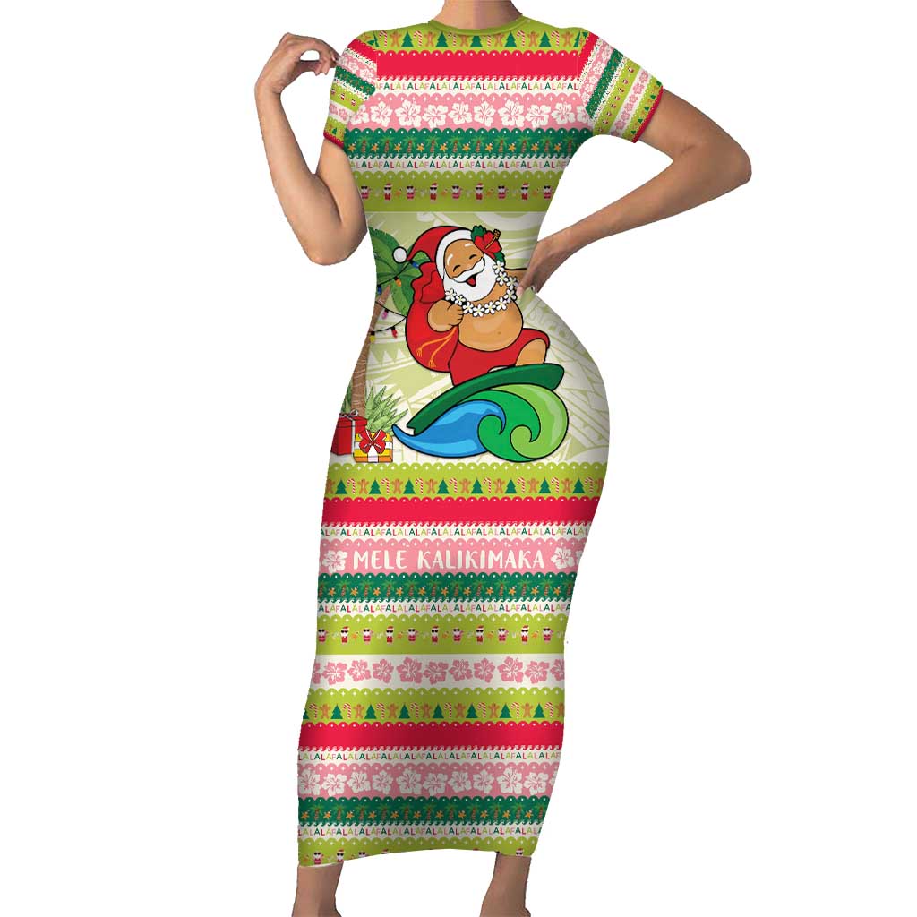 Mele Kalikimaka Hawaii Christmas Short Sleeve Bodycon Dress Surfing Santa with Polynesian Tribal LT9 Long Dress Green - Polynesian Pride