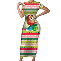 Mele Kalikimaka Hawaii Christmas Short Sleeve Bodycon Dress Surfing Santa with Polynesian Tribal LT9 Long Dress Green - Polynesian Pride