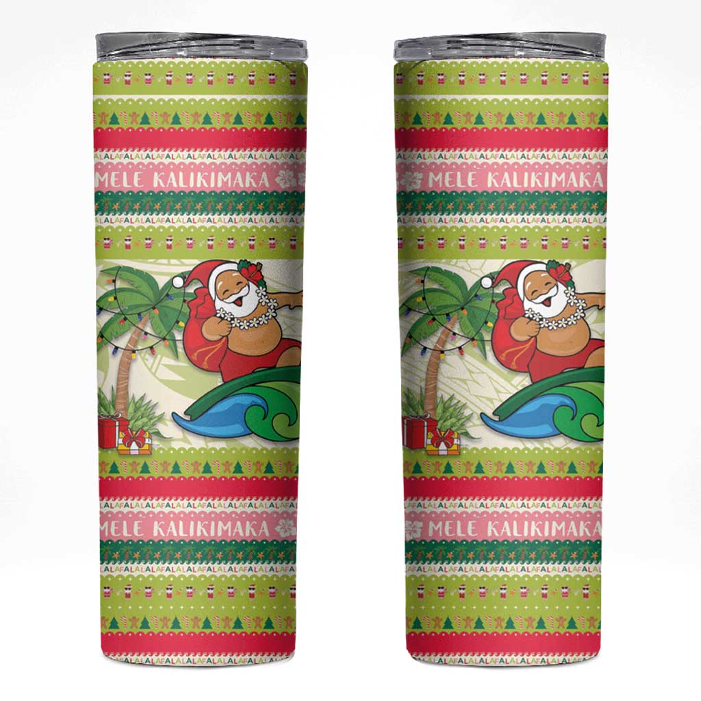 Mele Kalikimaka Hawaii Christmas Skinny Tumbler Surfing Santa with Polynesian Tribal LT9 Green - Polynesian Pride