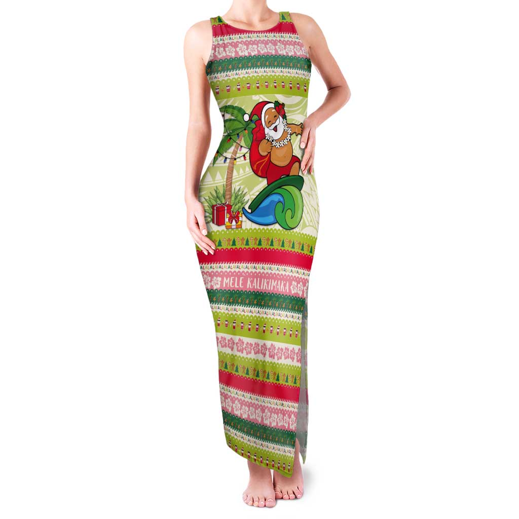 Mele Kalikimaka Hawaii Christmas Tank Maxi Dress Surfing Santa with Polynesian Tribal LT9 Women Green - Polynesian Pride
