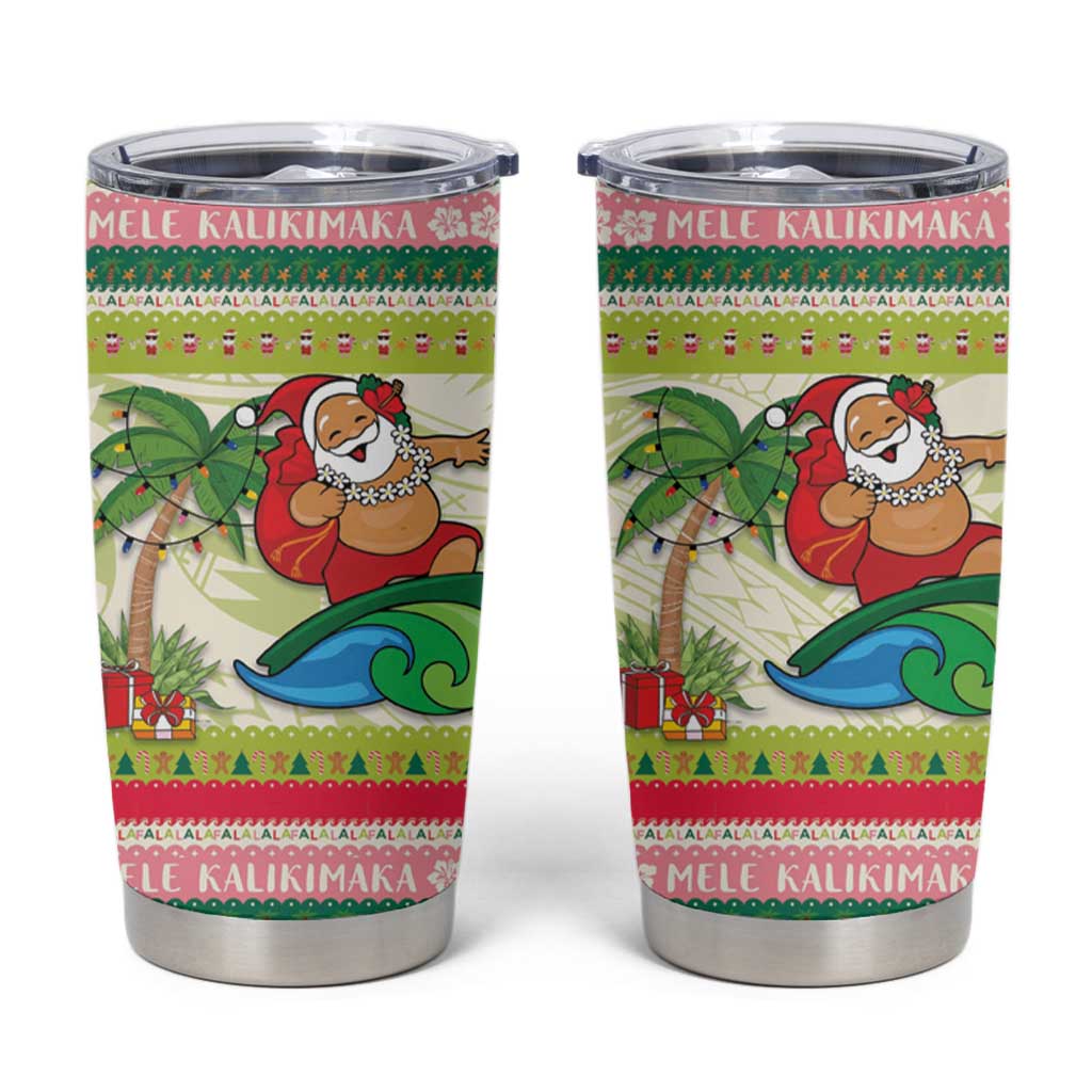 Mele Kalikimaka Hawaii Christmas Tumbler Cup Surfing Santa with Polynesian Tribal LT9 Green - Polynesian Pride