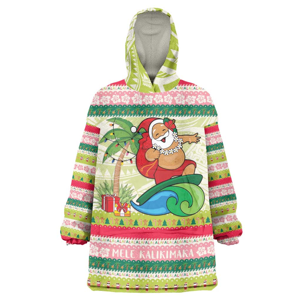 Mele Kalikimaka Hawaii Christmas Wearable Blanket Hoodie Surfing Santa with Polynesian Tribal LT9 One Size Green - Polynesian Pride
