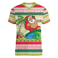 Mele Kalikimaka Hawaii Christmas Women V-Neck T-Shirt Surfing Santa with Polynesian Tribal LT9 Female Green - Polynesian Pride