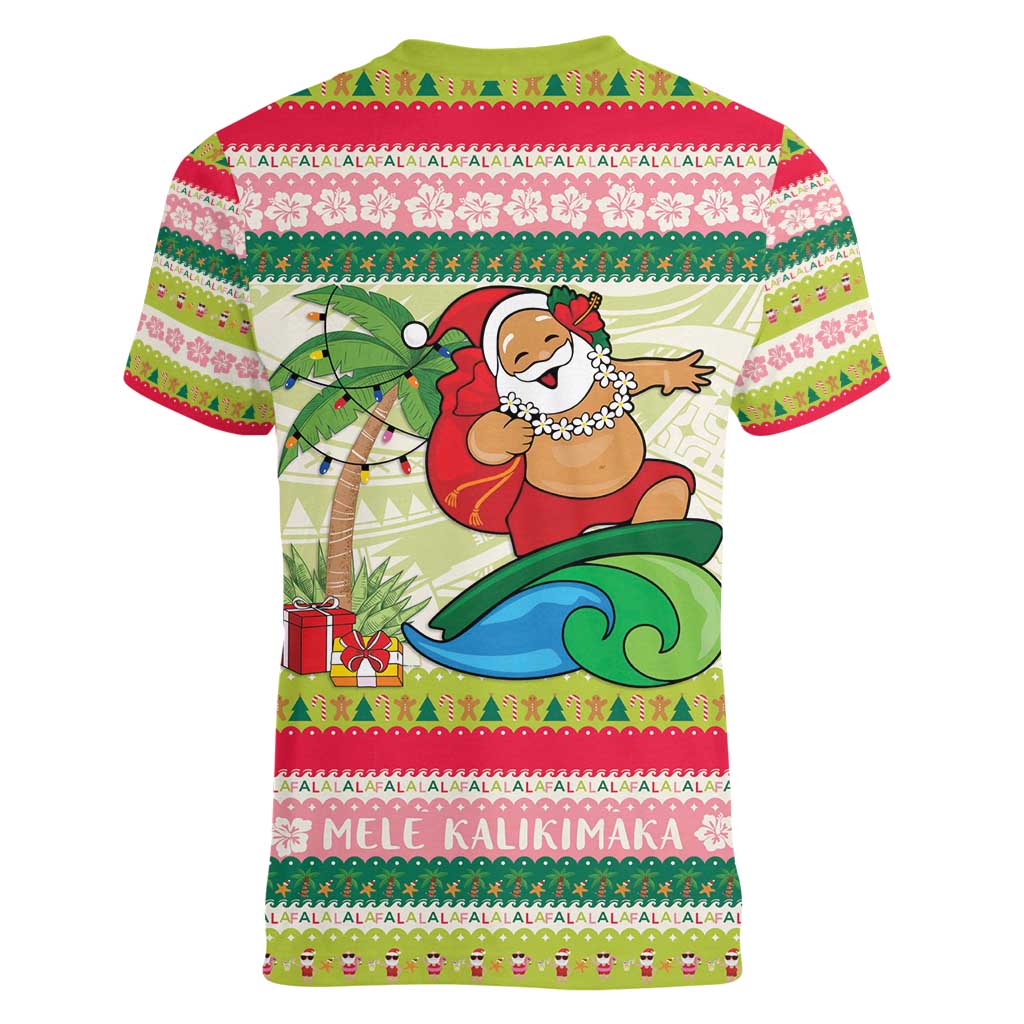 Mele Kalikimaka Hawaii Christmas Women V-Neck T-Shirt Surfing Santa with Polynesian Tribal LT9 - Polynesian Pride