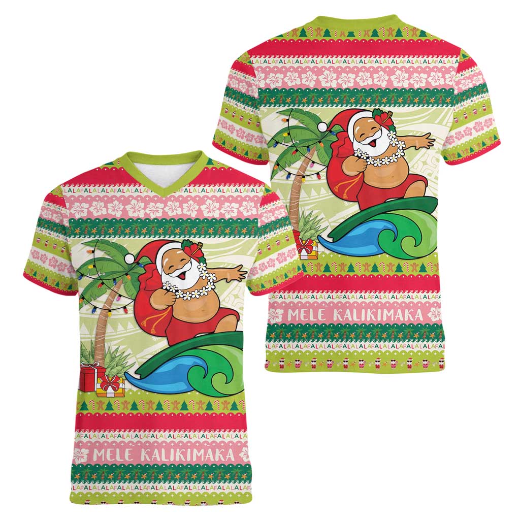 Mele Kalikimaka Hawaii Christmas Women V-Neck T-Shirt Surfing Santa with Polynesian Tribal LT9 - Polynesian Pride