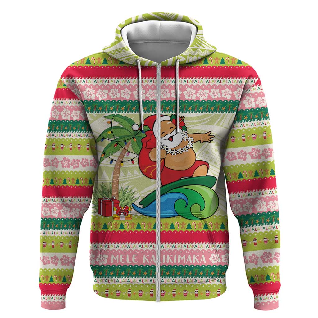 Mele Kalikimaka Hawaii Christmas Zip Hoodie Surfing Santa with Polynesian Tribal LT9 Zip Hoodie Green - Polynesian Pride