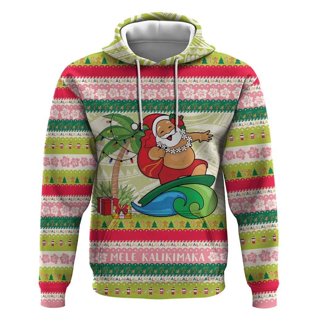 Mele Kalikimaka Hawaii Christmas Zip Hoodie Surfing Santa with Polynesian Tribal LT9 Pullover Hoodie Green - Polynesian Pride