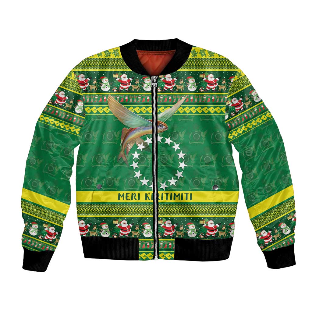 Meri Kiritimiti Cook Islands Christmas Bomber Jacket Maroro Flying Fish and White Stars LT9 Unisex Green - Polynesian Pride