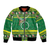Meri Kiritimiti Cook Islands Christmas Bomber Jacket Maroro Flying Fish and White Stars LT9 Unisex Green - Polynesian Pride