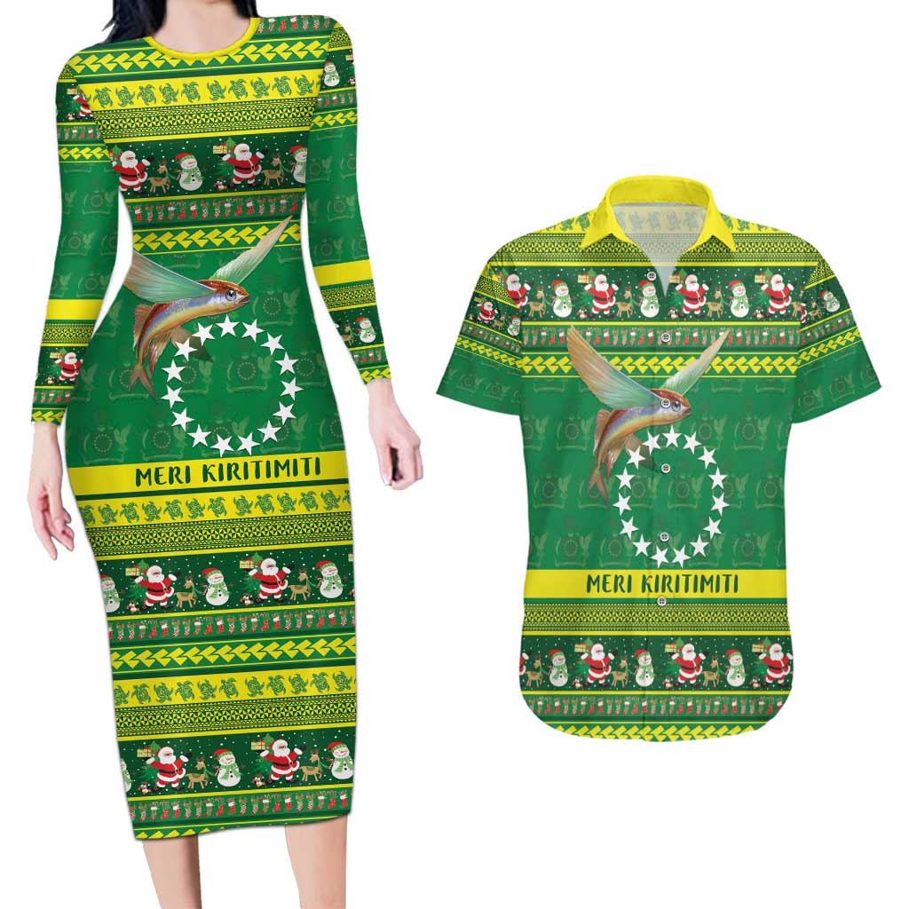 Meri Kiritimiti Cook Islands Christmas Couples Matching Long Sleeve Bodycon Dress and Hawaiian Shirt Maroro Flying Fish and White Stars LT9 Green - Polynesian Pride