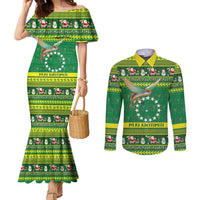 Meri Kiritimiti Cook Islands Christmas Couples Matching Mermaid Dress and Long Sleeve Button Shirt Maroro Flying Fish and White Stars LT9 Green - Polynesian Pride