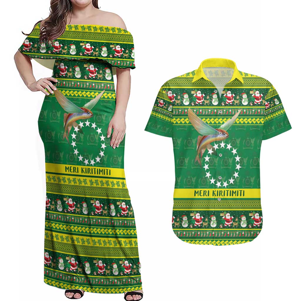 Meri Kiritimiti Cook Islands Christmas Couples Matching Off Shoulder Maxi Dress and Hawaiian Shirt Maroro Flying Fish and White Stars LT9 Green - Polynesian Pride