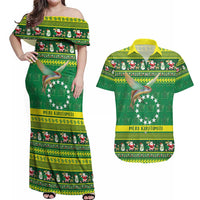 Meri Kiritimiti Cook Islands Christmas Couples Matching Off Shoulder Maxi Dress and Hawaiian Shirt Maroro Flying Fish and White Stars LT9 Green - Polynesian Pride