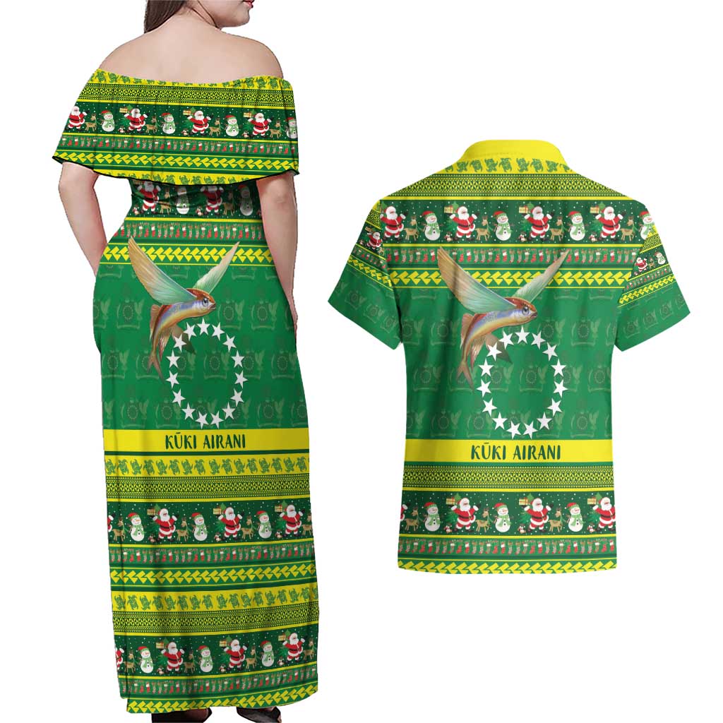 Meri Kiritimiti Cook Islands Christmas Couples Matching Off Shoulder Maxi Dress and Hawaiian Shirt Maroro Flying Fish and White Stars LT9 - Polynesian Pride