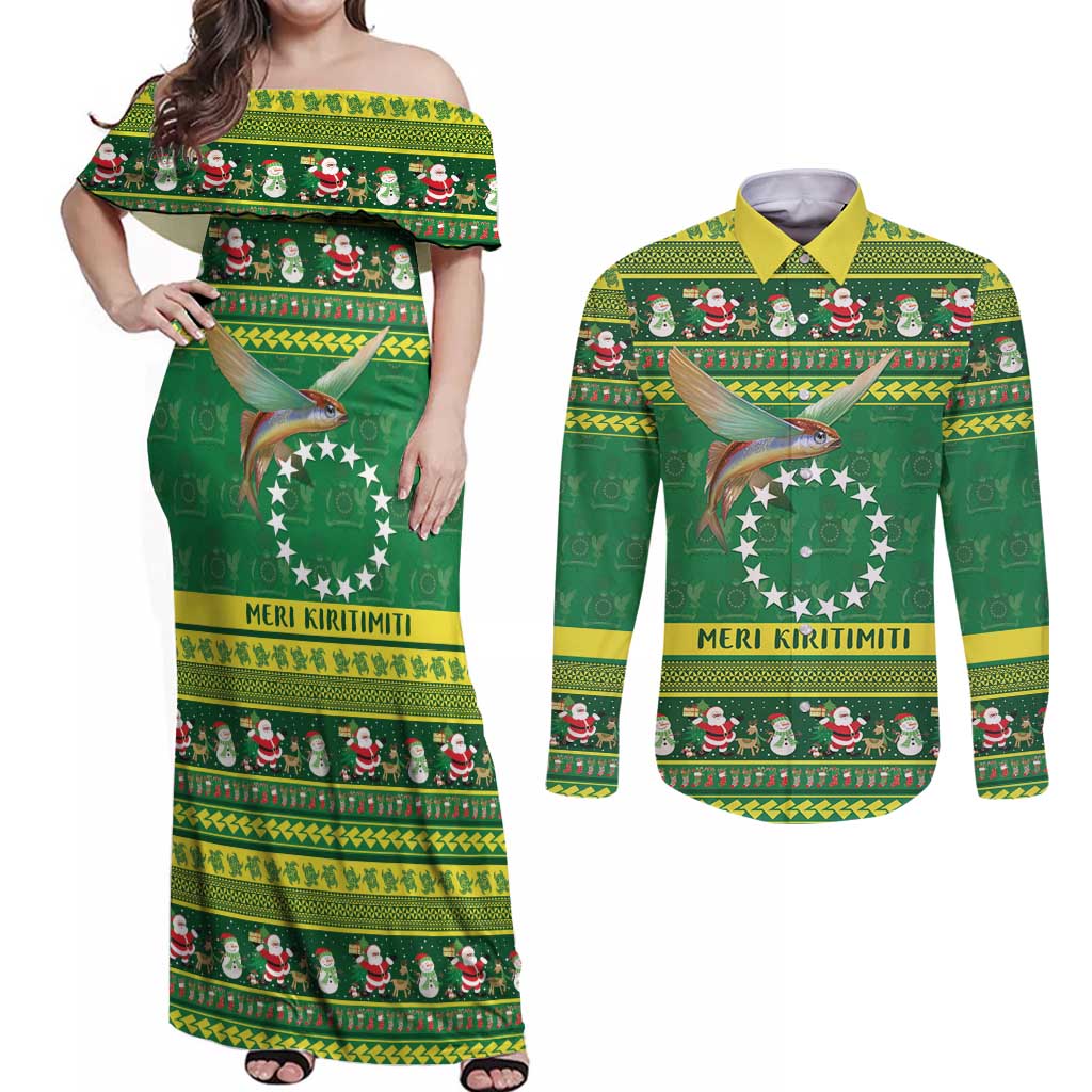 Meri Kiritimiti Cook Islands Christmas Couples Matching Off Shoulder Maxi Dress and Long Sleeve Button Shirt Maroro Flying Fish and White Stars LT9 Green - Polynesian Pride