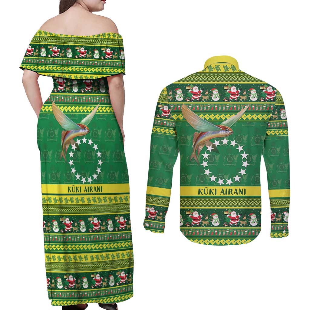 Meri Kiritimiti Cook Islands Christmas Couples Matching Off Shoulder Maxi Dress and Long Sleeve Button Shirt Maroro Flying Fish and White Stars LT9 - Polynesian Pride