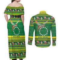 Meri Kiritimiti Cook Islands Christmas Couples Matching Off Shoulder Maxi Dress and Long Sleeve Button Shirt Maroro Flying Fish and White Stars LT9 - Polynesian Pride