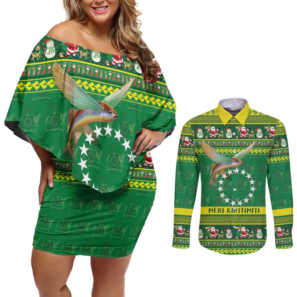 Meri Kiritimiti Cook Islands Christmas Couples Matching Off Shoulder Short Dress and Long Sleeve Button Shirt Maroro Flying Fish and White Stars LT9 Green - Polynesian Pride