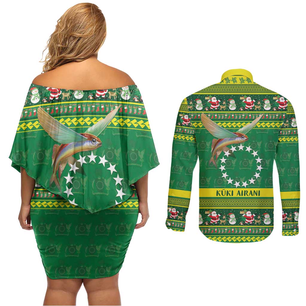 Meri Kiritimiti Cook Islands Christmas Couples Matching Off Shoulder Short Dress and Long Sleeve Button Shirt Maroro Flying Fish and White Stars LT9 - Polynesian Pride