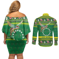 Meri Kiritimiti Cook Islands Christmas Couples Matching Off Shoulder Short Dress and Long Sleeve Button Shirt Maroro Flying Fish and White Stars LT9 - Polynesian Pride