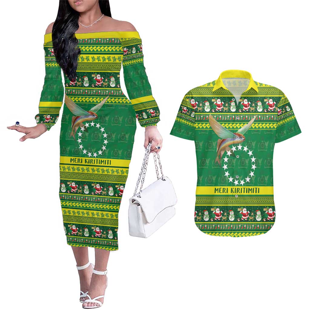 Meri Kiritimiti Cook Islands Christmas Couples Matching Off The Shoulder Long Sleeve Dress and Hawaiian Shirt Maroro Flying Fish and White Stars LT9 Green - Polynesian Pride