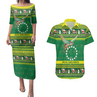 Meri Kiritimiti Cook Islands Christmas Couples Matching Puletasi and Hawaiian Shirt Maroro Flying Fish and White Stars LT9 Green - Polynesian Pride