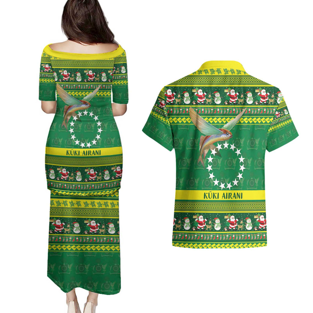 Meri Kiritimiti Cook Islands Christmas Couples Matching Puletasi and Hawaiian Shirt Maroro Flying Fish and White Stars LT9 - Polynesian Pride