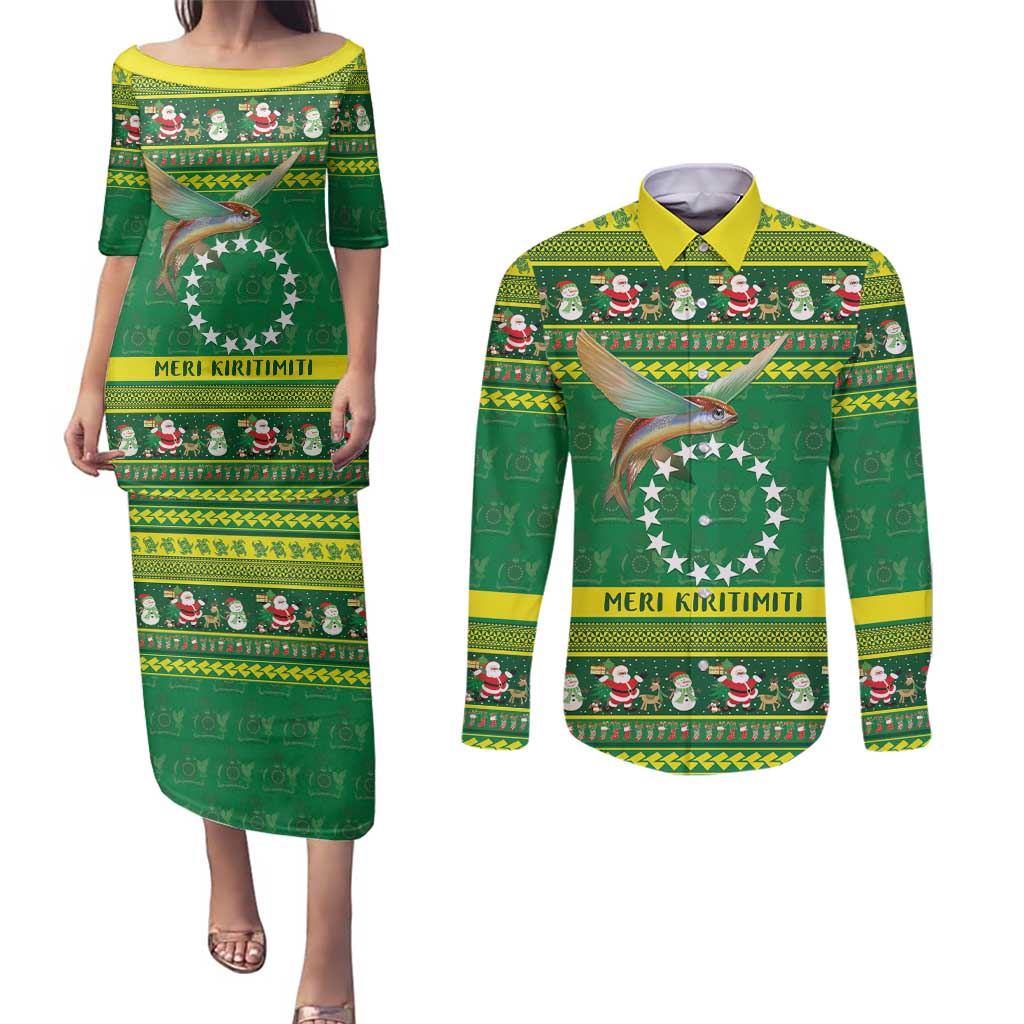 Meri Kiritimiti Cook Islands Christmas Couples Matching Puletasi and Long Sleeve Button Shirt Maroro Flying Fish and White Stars LT9 Green - Polynesian Pride