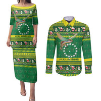 Meri Kiritimiti Cook Islands Christmas Couples Matching Puletasi and Long Sleeve Button Shirt Maroro Flying Fish and White Stars LT9 Green - Polynesian Pride