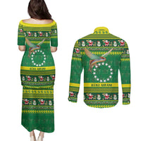 Meri Kiritimiti Cook Islands Christmas Couples Matching Puletasi and Long Sleeve Button Shirt Maroro Flying Fish and White Stars LT9 - Polynesian Pride