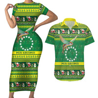 Meri Kiritimiti Cook Islands Christmas Couples Matching Short Sleeve Bodycon Dress and Hawaiian Shirt Maroro Flying Fish and White Stars LT9 Green - Polynesian Pride