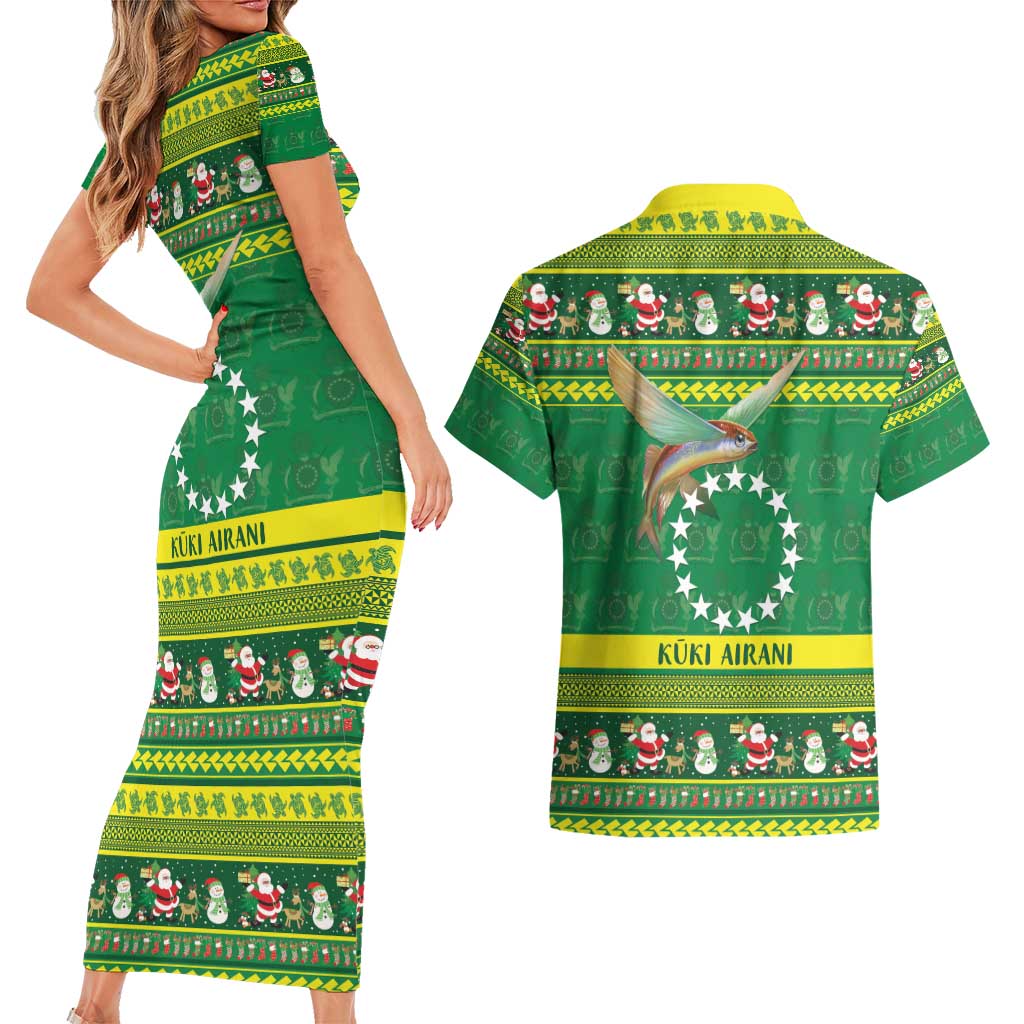 Meri Kiritimiti Cook Islands Christmas Couples Matching Short Sleeve Bodycon Dress and Hawaiian Shirt Maroro Flying Fish and White Stars LT9 - Polynesian Pride