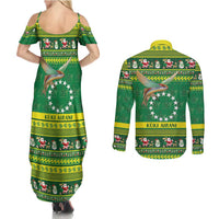 Meri Kiritimiti Cook Islands Christmas Couples Matching Summer Maxi Dress and Long Sleeve Button Shirt Maroro Flying Fish and White Stars LT9 - Polynesian Pride