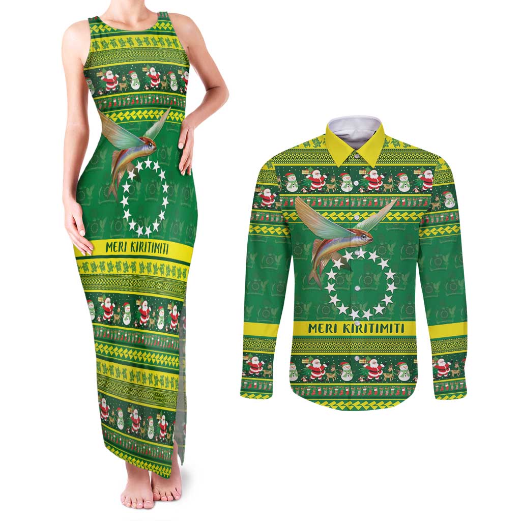 Meri Kiritimiti Cook Islands Christmas Couples Matching Tank Maxi Dress and Long Sleeve Button Shirt Maroro Flying Fish and White Stars LT9 Green - Polynesian Pride