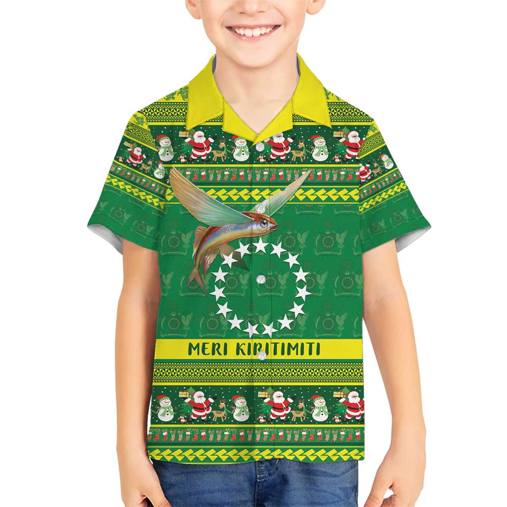 Meri Kiritimiti Cook Islands Christmas Family Matching Long Sleeve Bodycon Dress and Hawaiian Shirt Maroro Flying Fish and White Stars LT9 Son's Shirt Green - Polynesian Pride