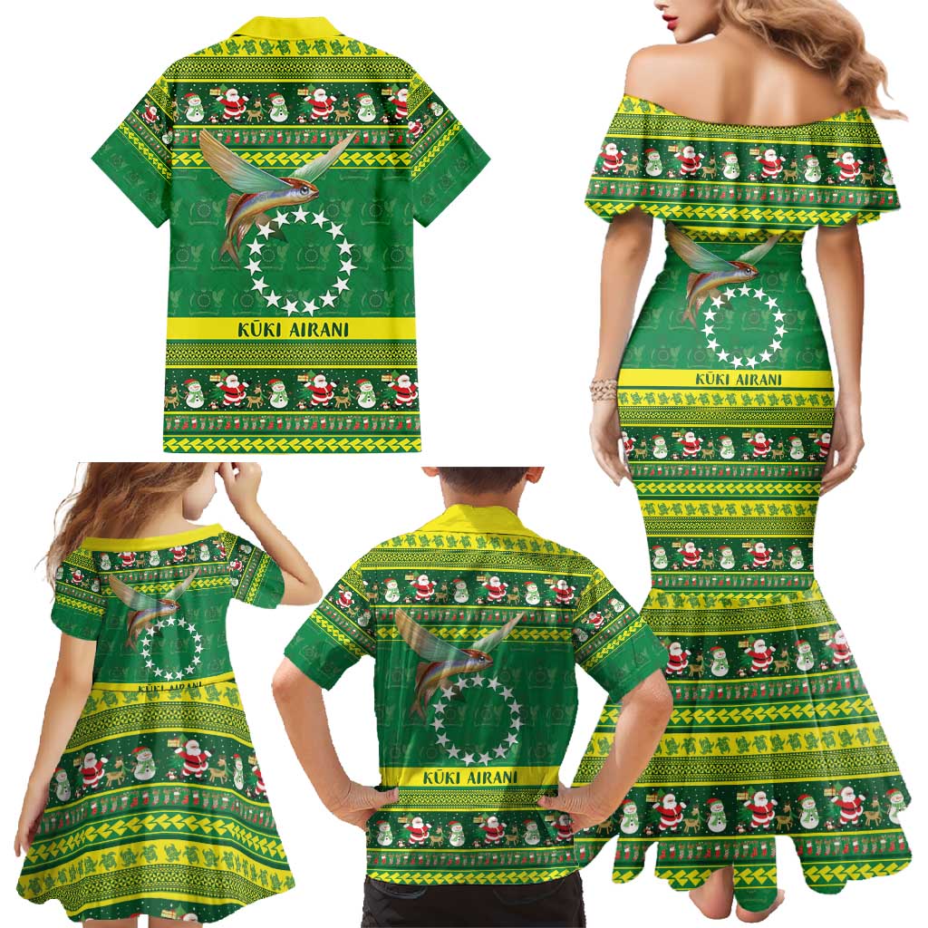 Meri Kiritimiti Cook Islands Christmas Family Matching Mermaid Dress and Hawaiian Shirt Maroro Flying Fish and White Stars LT9 - Polynesian Pride