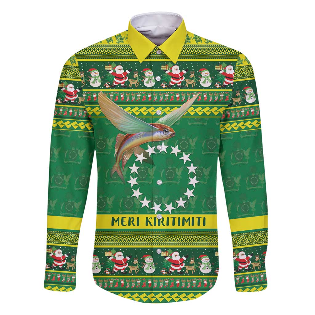Meri Kiritimiti Cook Islands Christmas Family Matching Mermaid Dress and Hawaiian Shirt Maroro Flying Fish and White Stars LT9 Dad's Shirt - Long Sleeve Green - Polynesian Pride