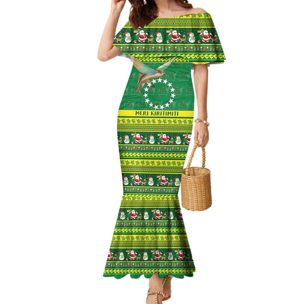 Meri Kiritimiti Cook Islands Christmas Family Matching Mermaid Dress and Hawaiian Shirt Maroro Flying Fish and White Stars LT9 Mom's Dress Green - Polynesian Pride