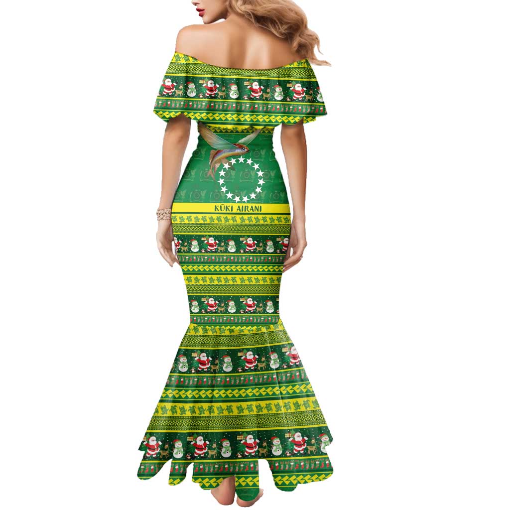Meri Kiritimiti Cook Islands Christmas Family Matching Mermaid Dress and Hawaiian Shirt Maroro Flying Fish and White Stars LT9 - Polynesian Pride
