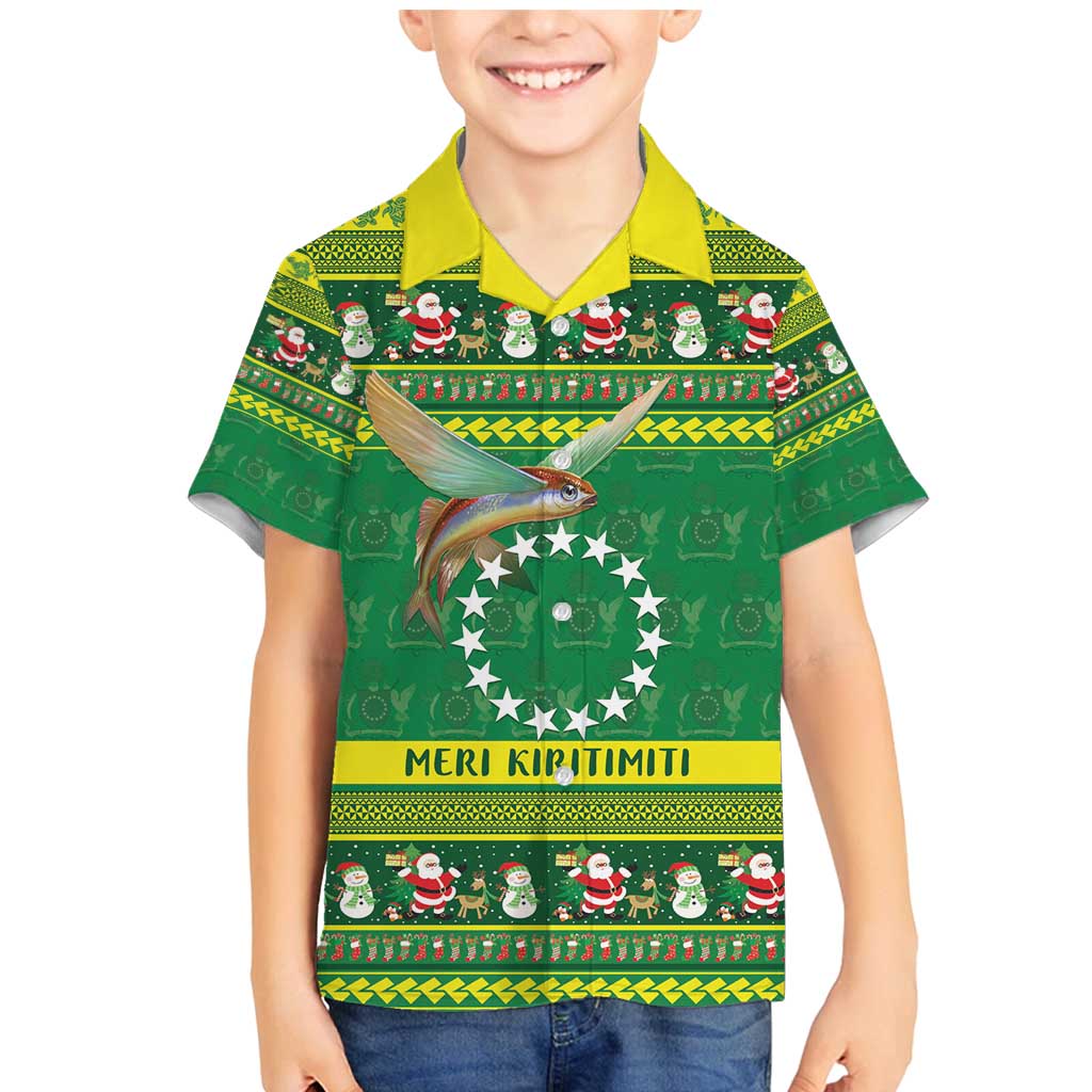 Meri Kiritimiti Cook Islands Christmas Family Matching Mermaid Dress and Hawaiian Shirt Maroro Flying Fish and White Stars LT9 Son's Shirt Green - Polynesian Pride