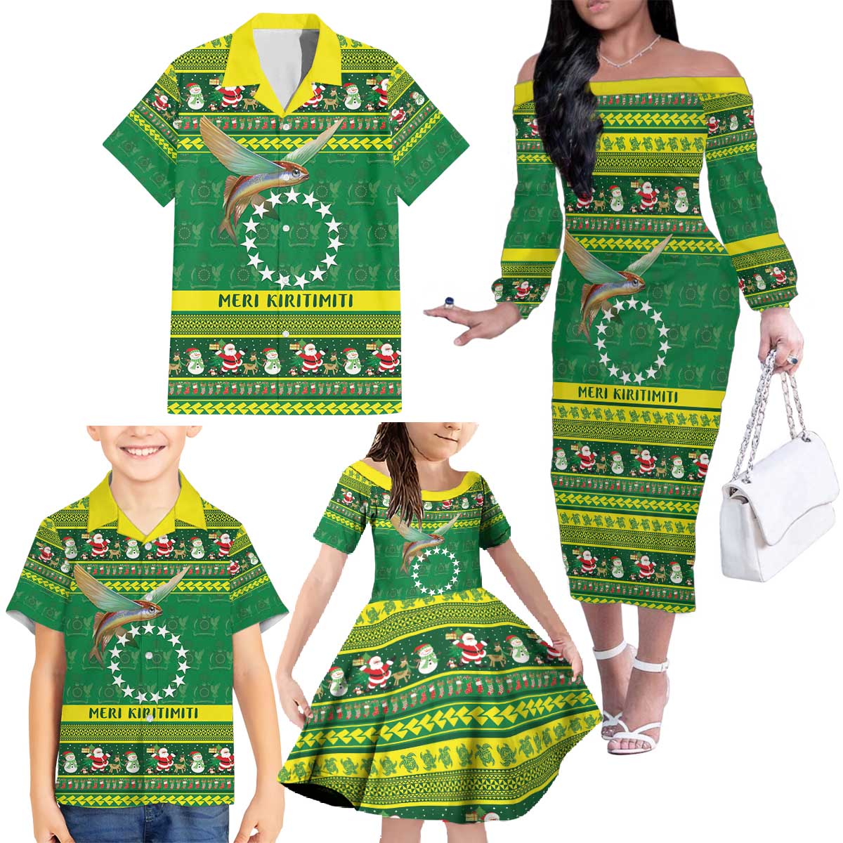 Meri Kiritimiti Cook Islands Christmas Family Matching Off The Shoulder Long Sleeve Dress and Hawaiian Shirt Maroro Flying Fish and White Stars LT9 - Polynesian Pride