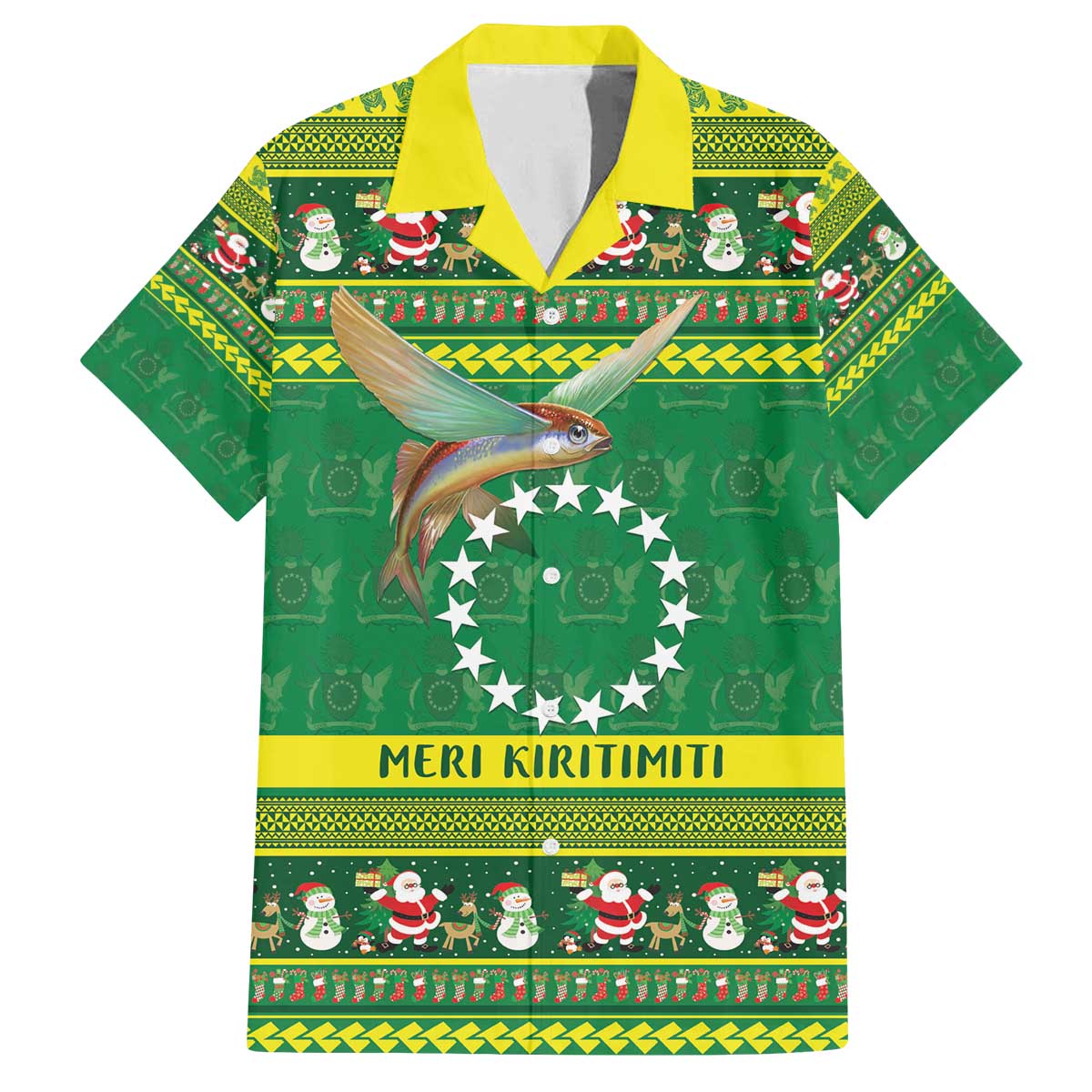 Meri Kiritimiti Cook Islands Christmas Family Matching Off The Shoulder Long Sleeve Dress and Hawaiian Shirt Maroro Flying Fish and White Stars LT9 Dad's Shirt - Short Sleeve Green - Polynesian Pride