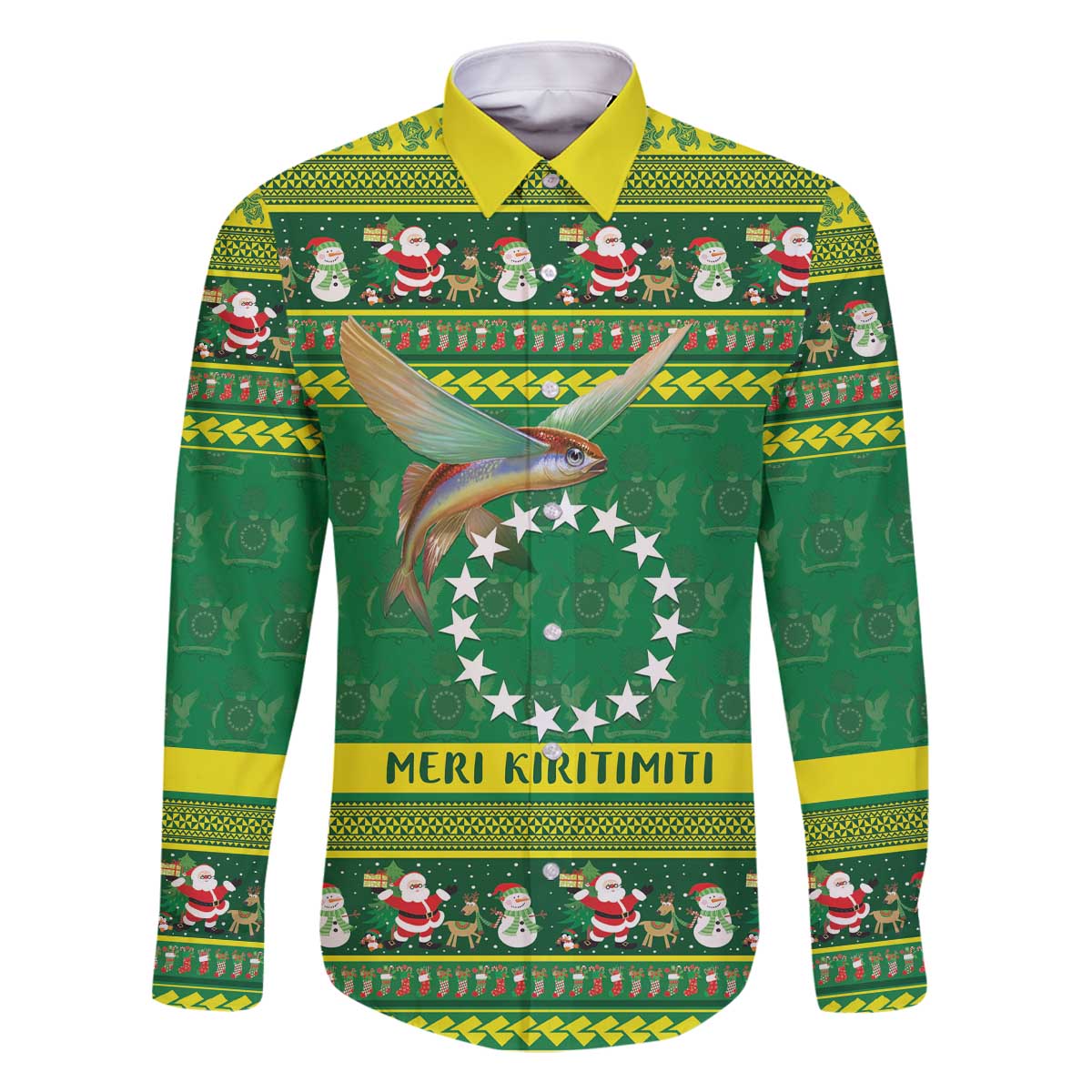 Meri Kiritimiti Cook Islands Christmas Family Matching Off The Shoulder Long Sleeve Dress and Hawaiian Shirt Maroro Flying Fish and White Stars LT9 Dad's Shirt - Long Sleeve Green - Polynesian Pride