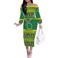 Meri Kiritimiti Cook Islands Christmas Family Matching Off The Shoulder Long Sleeve Dress and Hawaiian Shirt Maroro Flying Fish and White Stars LT9 Mom's Dress Green - Polynesian Pride