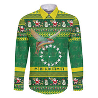 Meri Kiritimiti Cook Islands Christmas Family Matching Off Shoulder Maxi Dress and Hawaiian Shirt Maroro Flying Fish and White Stars LT9 Dad's Shirt - Long Sleeve Green - Polynesian Pride