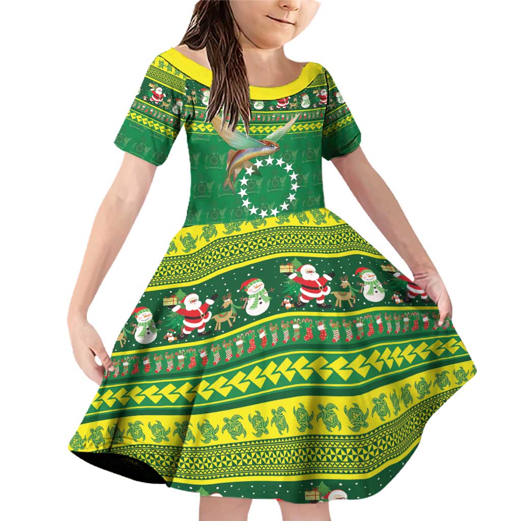 Meri Kiritimiti Cook Islands Christmas Family Matching Off Shoulder Short Dress and Hawaiian Shirt Maroro Flying Fish and White Stars LT9 Daughter's Dress Green - Polynesian Pride