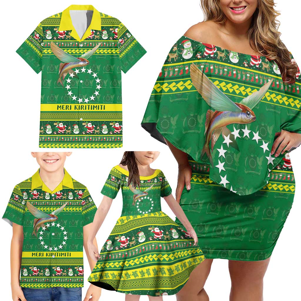 Meri Kiritimiti Cook Islands Christmas Family Matching Off Shoulder Short Dress and Hawaiian Shirt Maroro Flying Fish and White Stars LT9 - Polynesian Pride